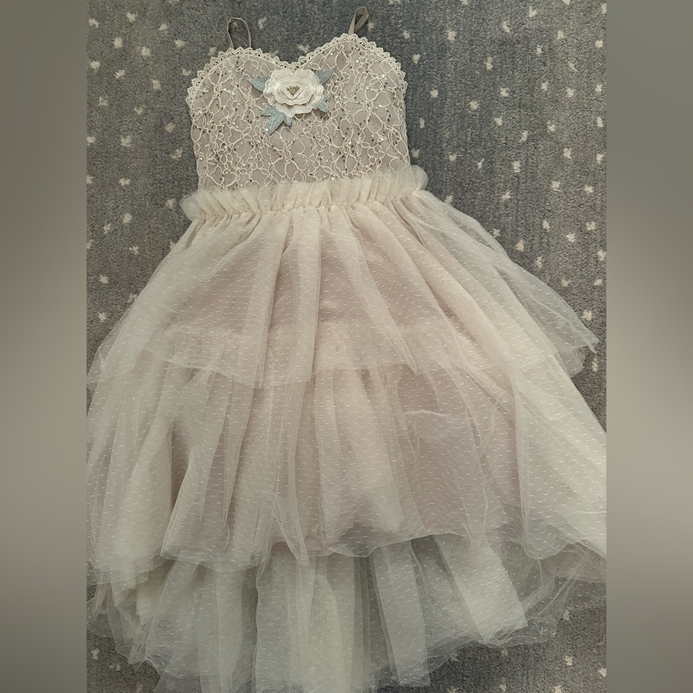 JoyFolie Size 8 multilayered textured lace flower sequin cream dress